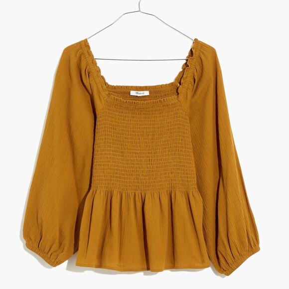 Madewell Lucie Smocked Peplum Top Size 4 Milkmaid Cottage Cotton Mustard Yellow - Picture 1 of 8
